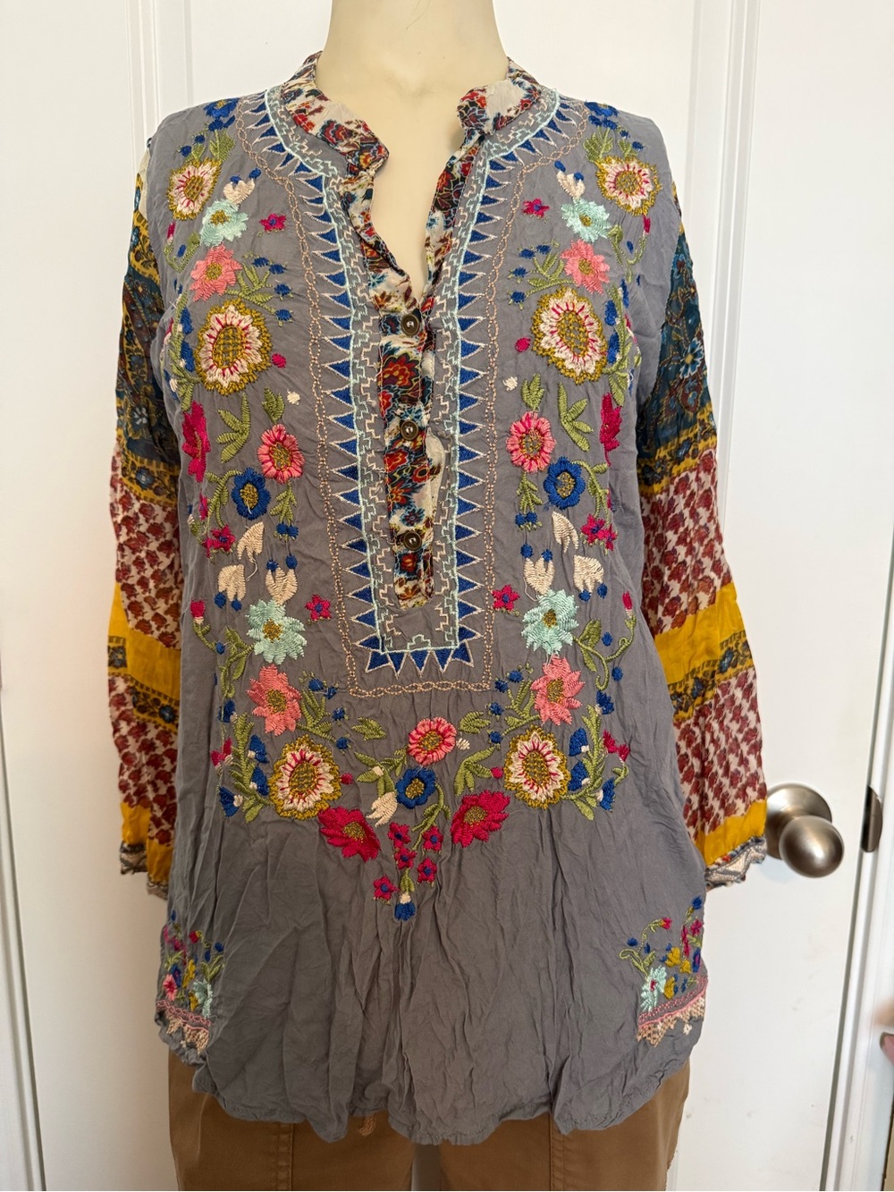 All About Her Intricate Floral Embroidered Multi-Print Peasant Blouse
